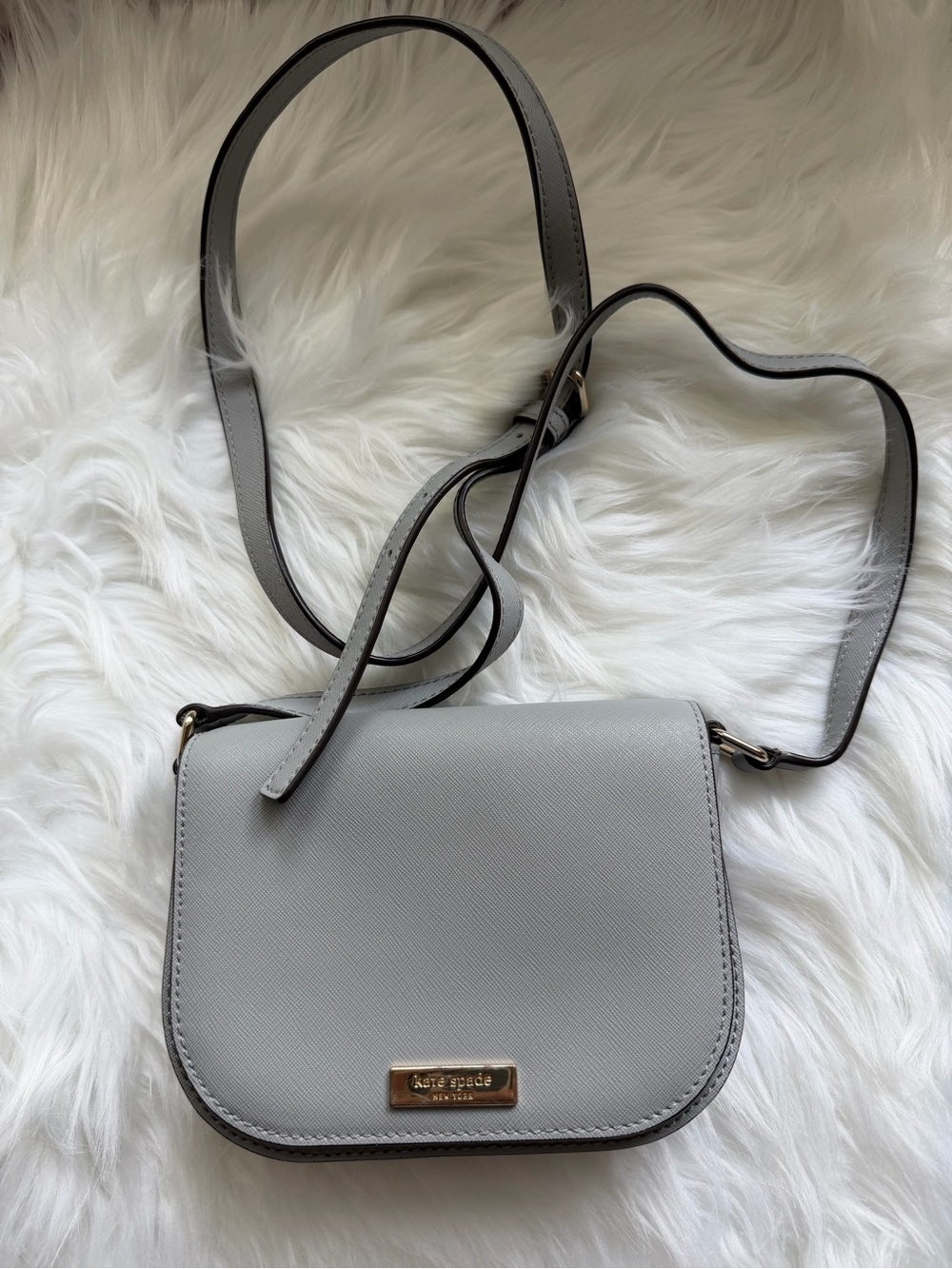 kate spade Light Gray Crossbody Saddle Bag with Gold Plaque